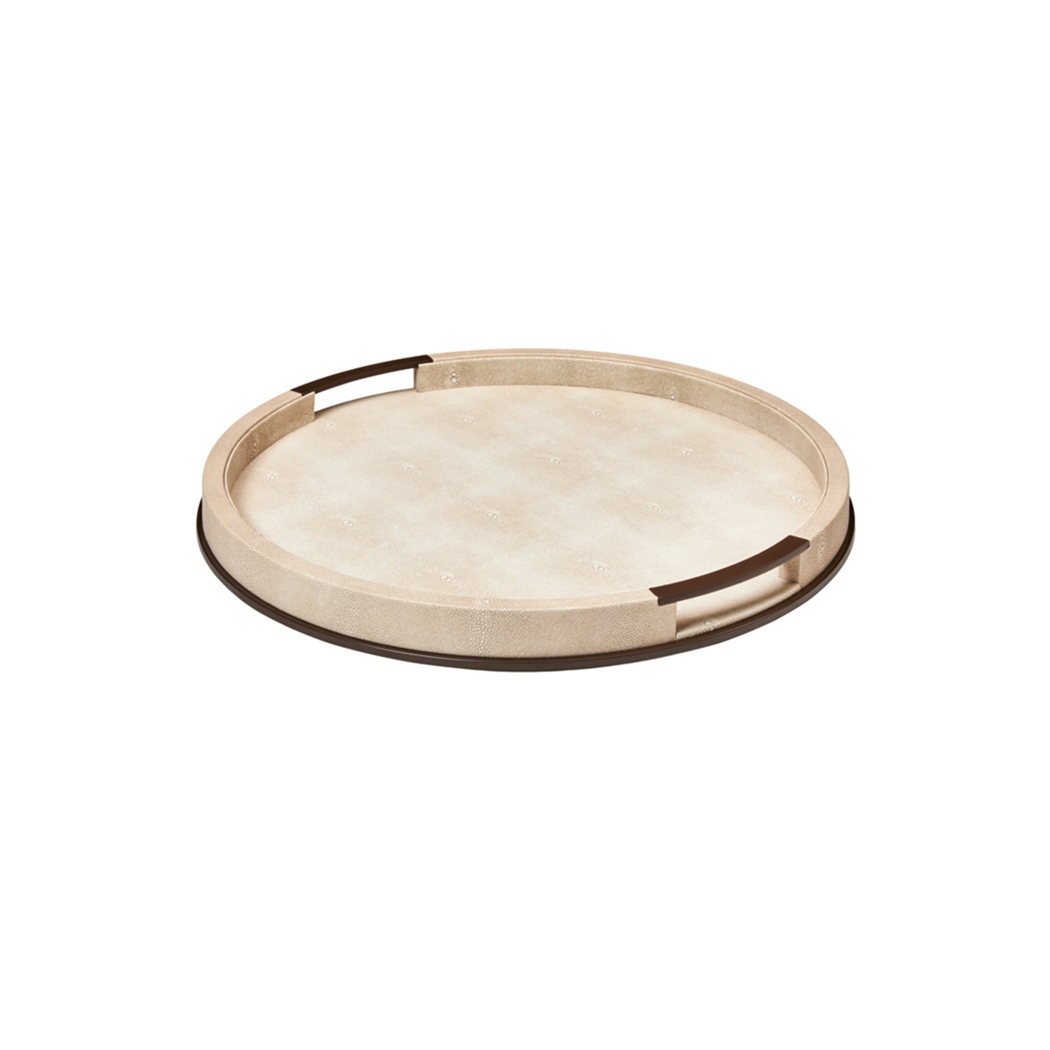 Sophie Paterson faux shagreen round tray, available in two colours, anthracite or ecru with a brushed bronze outer trim and brushed bronze handles Dimensions: 460 x 460 mm Delivery: 7-10 Working days depending on stock availability